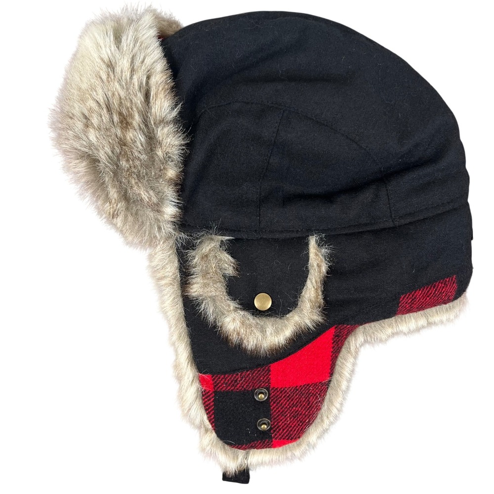 Stetson Mens Black Red Buffalo Plaid Faux Fur Trapper Hat Medium STW339-RED